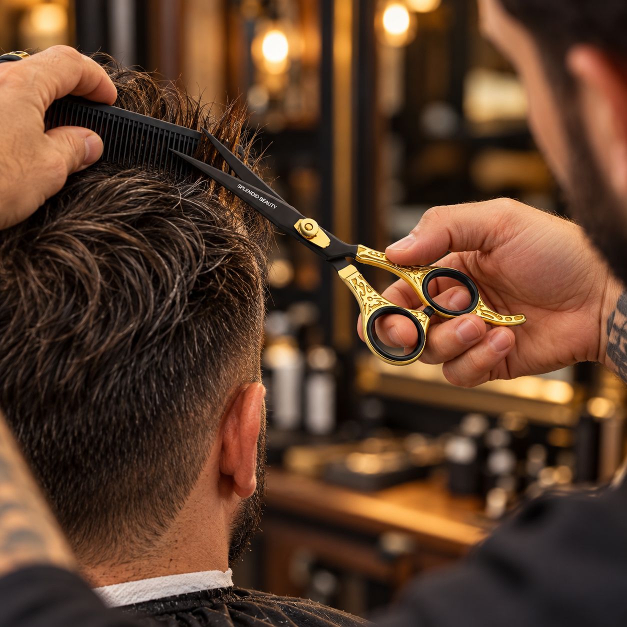 Barber cutting hair with gold Splendid Beauty scissor